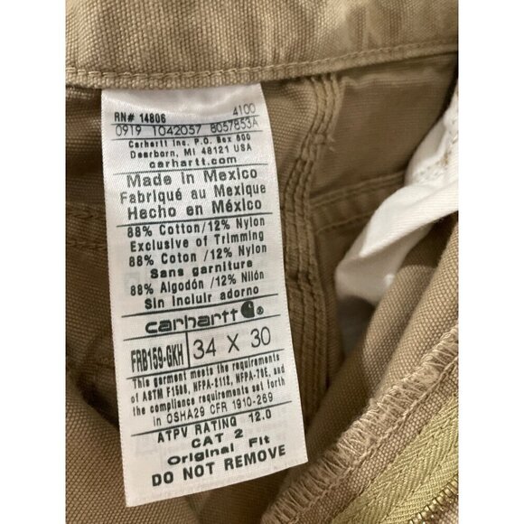 CARHARTT MEN'S CARGO KHAKI WORK FLAME RESISTANT PANTS CAT 2 2112 SIZE 34 X 30 - Picture 5 of 10